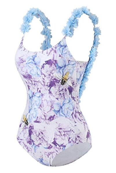 OEM - Costum de baie pentru femei cu imprimeu floral albastru și aplicații 3D, mărimea L