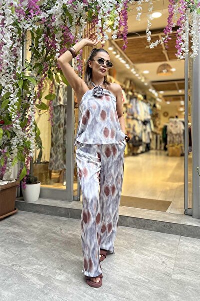 Eswomes Backless Rose Tie Satin Suit Gray