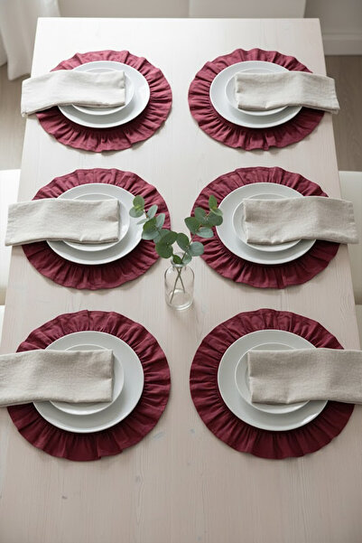 YUNUSOĞLU HOME Burgundy (Red) Cotton Ruffled Placemats Set of 6 American Style 33 cm Diameter Placemats Set of 6