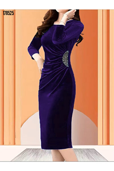 Viyamo New Season Women's Stone and Drawstring Detail Midi Length Velvet Stylish Invitation Dress