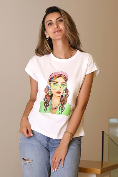 Nazen Giyim Girls Printed Ecru Short Sleeve Women's T-Shirt 27419-2Y5