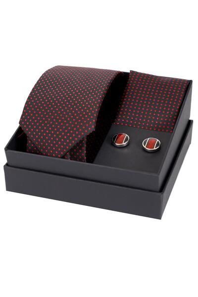Esgue مجموعة هدايا مناديل ربطات العنق وأزرار الأكمام مصنوعة يدويًا باللون الأسود والأحمر مقاس 8 سم HSET:121