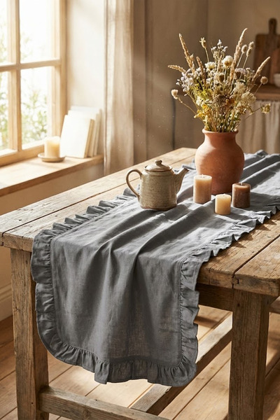 YUNUSOĞLU HOME Gray Ruffled Table Runner 150X50 cm – Stylish Decorative Tablecloth