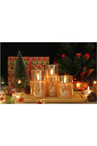 fullreyon 3D Mum Efektli 3'lü Mum Set, Pilli Dekoratif Mum Efektli Şamdan, Ma...