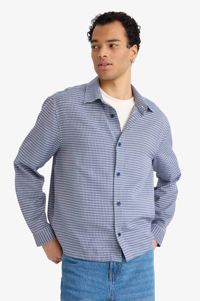 DeFacto G6417Axpr469 Purple Boxy Fit Checked Woven Long Sleeve Shirt