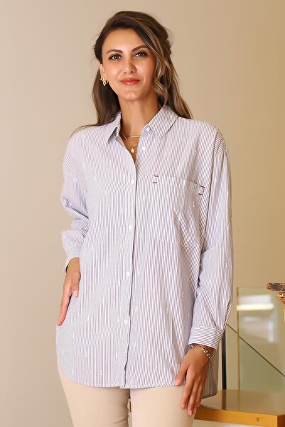 Nazen Giyim Long Sleeve Striped Navy Blue Women's Shirt 4395-2Y5