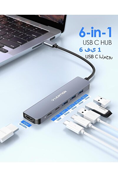 LENTION USB C Hub 6-in-1 with 4K HDMI, USB-C Data Port, 3x USB3.0, 100W PD (Space Grey)