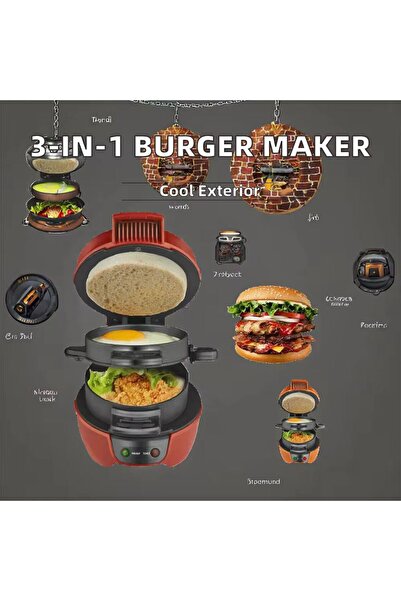 raf Burger Maker - 600W, Non-Stick Plates, Uniform Heating, 180° Opening