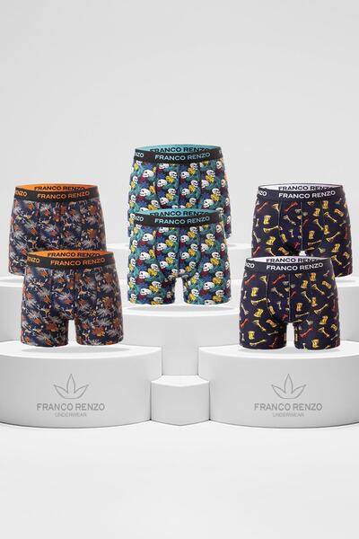 FRANCO RENZO Men's 6-Piece Luxury Boxed Cotton and Stretch Fabric Patterned Boxers - Orange - Turquoise