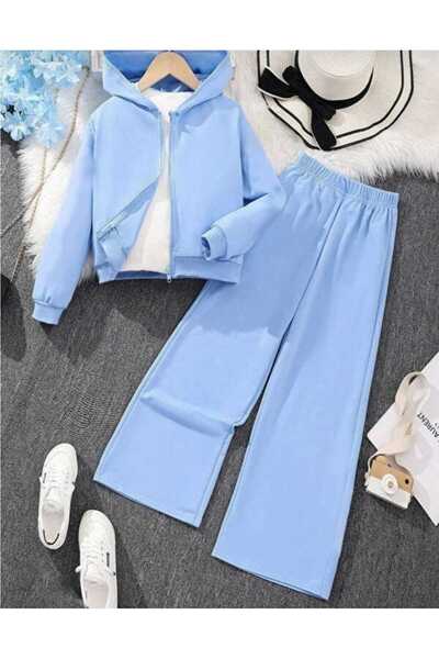 buendiakids Unisex Çocuk BebeMavi 3 İplikk Kapüşonlu Fermuarlı Sweatshirt-Bol Eşofman Altı Takım