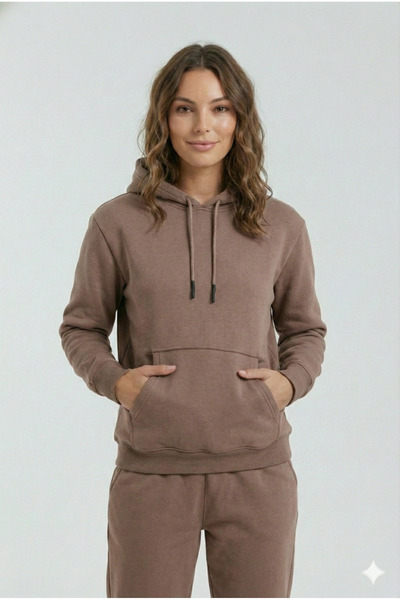 OXVİN Φούτερ με κουκούλα καφέ Kangaroo (με βαμβακερή επένδυση)