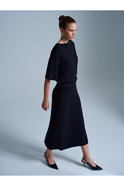 Dilvin 90266 Wool Blend Boat Neck Belted Knit Dress-Black