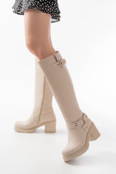 Zerenyus Zri̇n-3005 Premium Beige Women's Heeled Boots with Buckle Accessories and Zipper