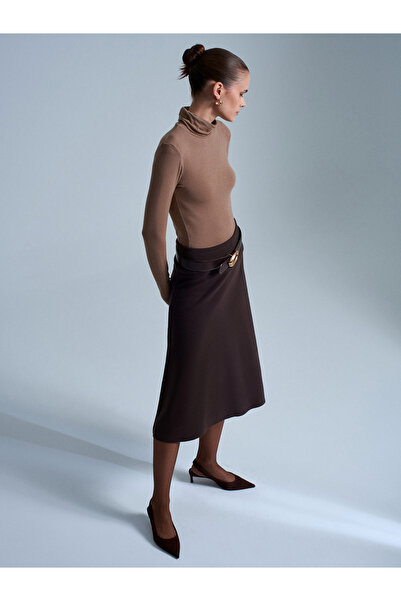 Dilvin 80390 Elastic Waist Knitted Midi Skirt-Dark Brown