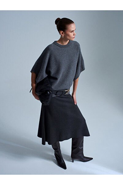 Dilvin 80390 Elastic Waist Knitted Midi Skirt - Anthracite M