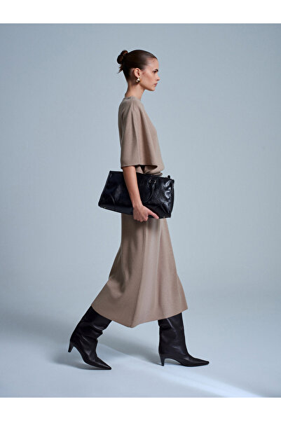 Dilvin 90266 Wool Blend Boat Neck Belted Knit Dress - Mink M.