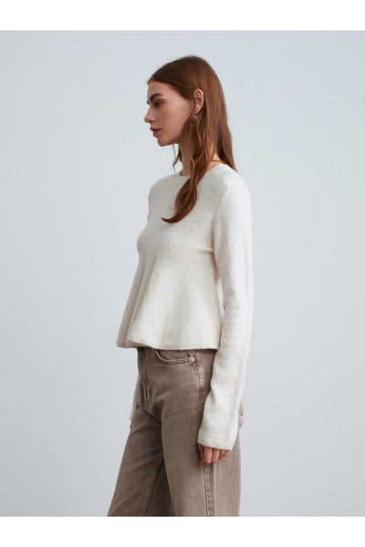 Dilvin 10832 Peplum Glitter Knit Sweater-Cream