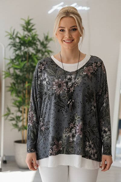 Chiccy Italian Anthracite Pool Neck Long Sleeve Patterned Thin Two-Piece Set Sleeveless Combed Cotton Knitwear Blouse 70 60