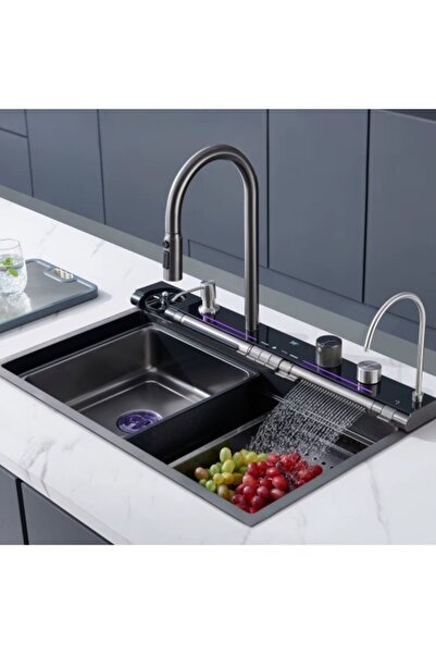 MODALITE LTD Chiuvetă de bucătărie inteligentă din oțel inoxidabil, grafit negru, cu baterie în cascadă și afișaj digital pentru temperatură, 750×4