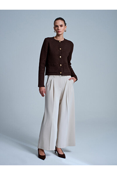 Dilvin 60935 Pocket Detailed Glitter Knitwear Cardigan-Brown