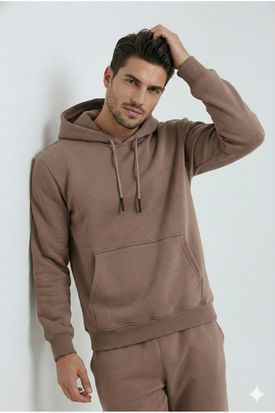 OXVİN Φούτερ με κουκούλα καφέ Kangaroo (με βαμβακερή επένδυση)