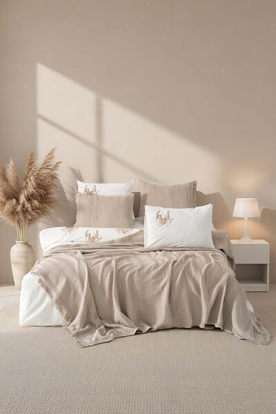 Rivaİstanbul Arya Mink Embroidered Double Size 100% Cotton Duvet Cover Pique Set - 7 Piece Dowry Set