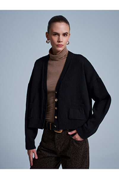 Dilvin 60999 Wool Blend Pocket Detailed Knitwear Cardigan-Black
