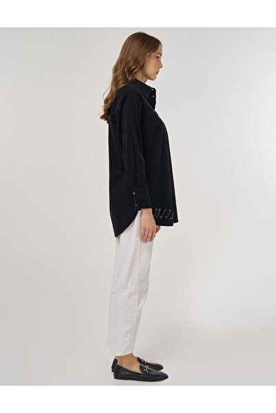 Kayra Chain Detailed Velvet Tunic Black 21058