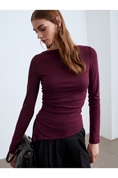 Dilvin 32198 Boat Neck Gathered Top-Burgundy