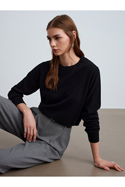 Dilvin 10847 100% кашмирен пуловер с обло деколте - черен