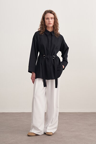 EBU Prive Women's Gabardine Belted Shirt Navy Blue