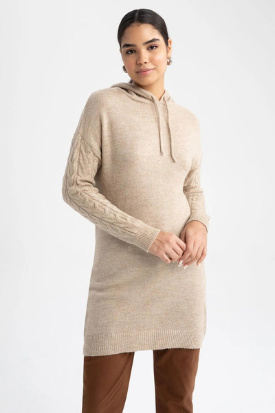 DeFacto Regular Fit Hooded Long Sleeve Knitted Patterned Knitwear Tunic