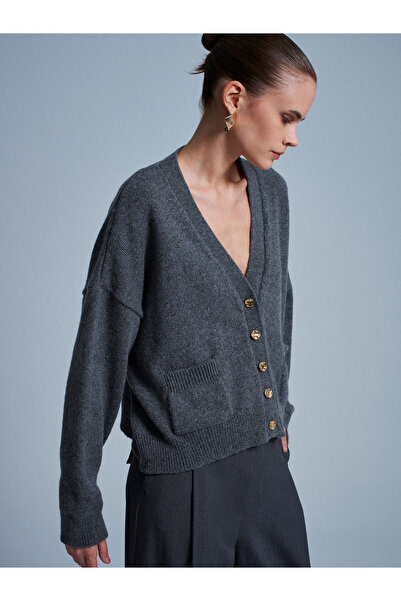 Dilvin 60999 Wool Blend Pocket Detailed Knitwear Cardigan-Smoked