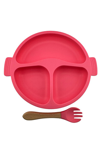 NO BRAND Food-grade silicone baby set, 3 pieces - plate, fork and cup with straw - Pink,