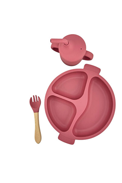 NO BRAND Food-grade silicone baby set, 3 pieces - plate, fork and cup with straw - Powder pink