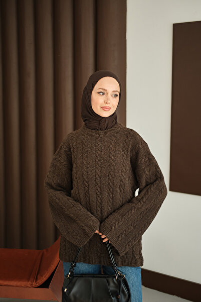 LOCCO Γυναικείο πλεκτό μοτίβο πλεκτό τούνικ καφέ