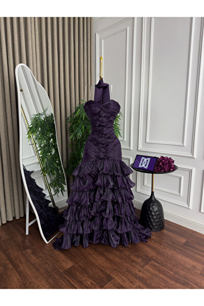 Generic Luxurious crinkle evening gown with cascading flared layers - a regal look in royal purple