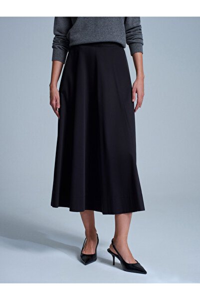 Dilvin 81070 100% Cotton Elastic Waist Midi Skirt-Black