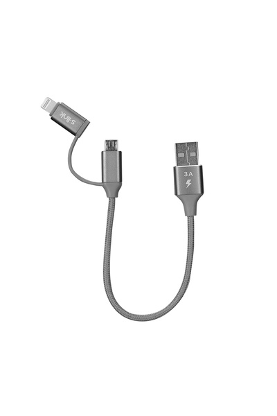 S-LINK SW-C220 15cm USB Micro/İPhone Kılıflı Metal Gri 2 in 1 Flat Cable