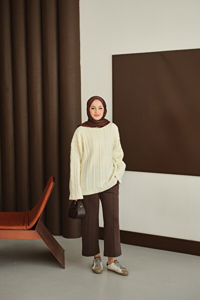 LOCCO Women's Knitted Patterned Knitwear Tunic Ecru