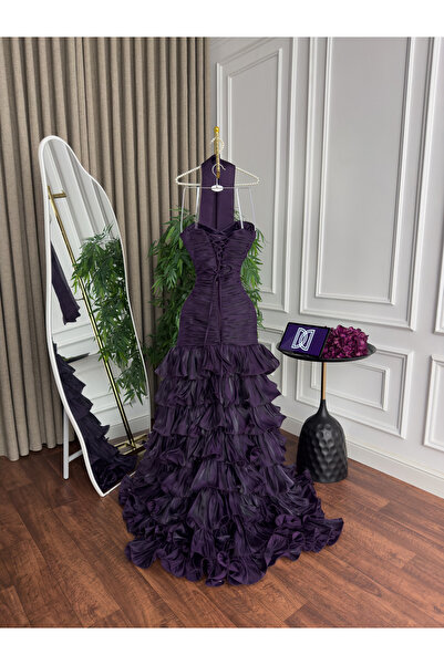 Generic Luxurious crinkle evening gown with cascading flared layers - a regal look in royal purple