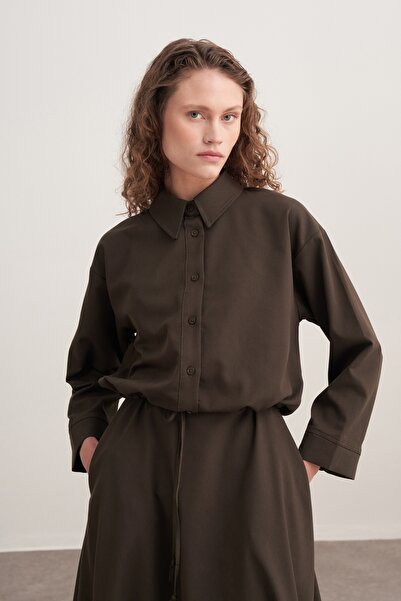 EBU Prive Women's Gabardine Shirt and Flared Skirt Set Dark Khaki