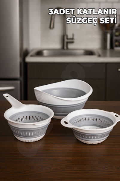 Destpak 3 Pcs Colander Set - Collapsible Accordion Kitchen Utensils - Brass and Round with Foldable Handle