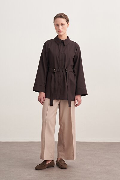 EBU Prive Women's Gabardine Belted Shirt Brown