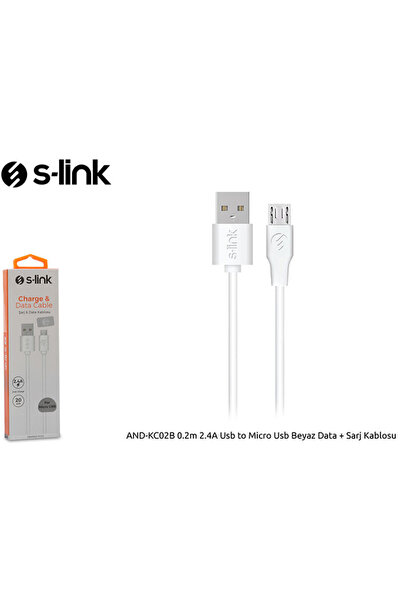 S-LINK AND-KC02B 0.2m 2.4A Usb to Micro Usb Beyaz Data + Sarj Kablosu