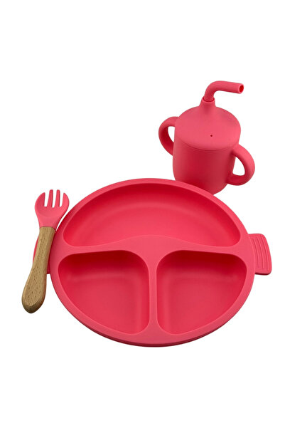 NO BRAND Food-grade silicone baby set, 3 pieces - plate, fork and cup with straw - Pink,