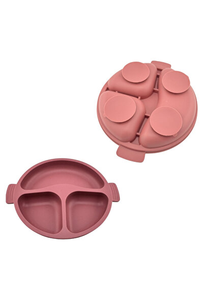 NO BRAND Food-grade silicone baby set, 3 pieces - plate, fork and cup with straw - Powder pink