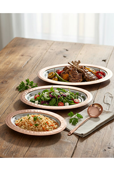 TRENDÜSTRİYEL Bakır Sunumluk/Kayık 3'lü Ekonomik El Dövmesi 25-30-35 Cm