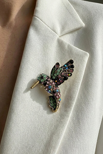 Modex Altın Sarısı Renkli Taş Süslemeli Kuş Broş (3cm)