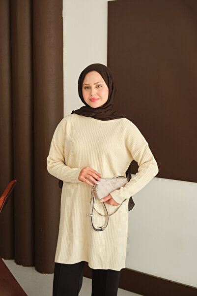 LOCCO Women's Self-Patterned Knitwear Tunic Cream